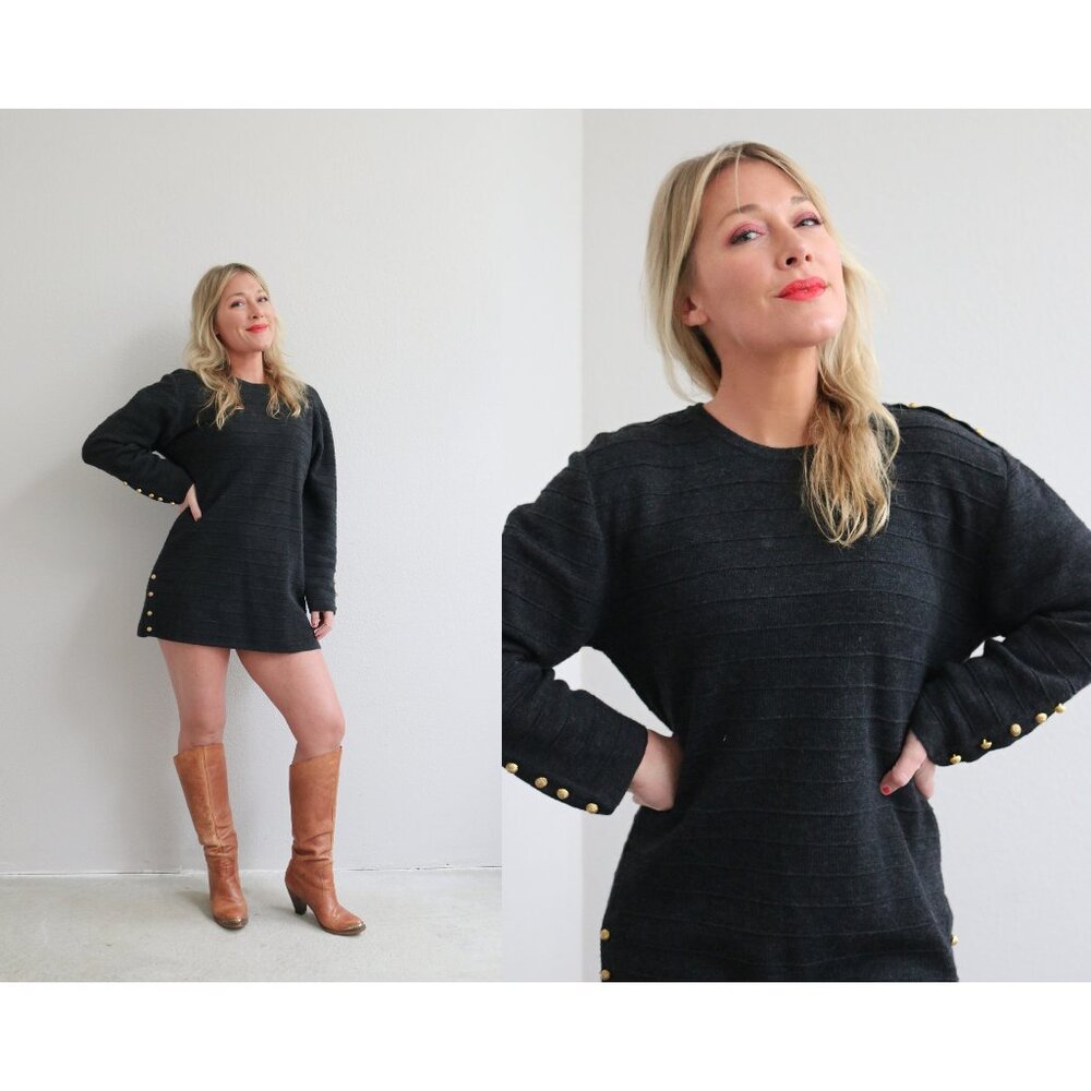 1990's Vintage Charcoal & Wool Sweater Dress Women's Extra Small Medium XS SM MD